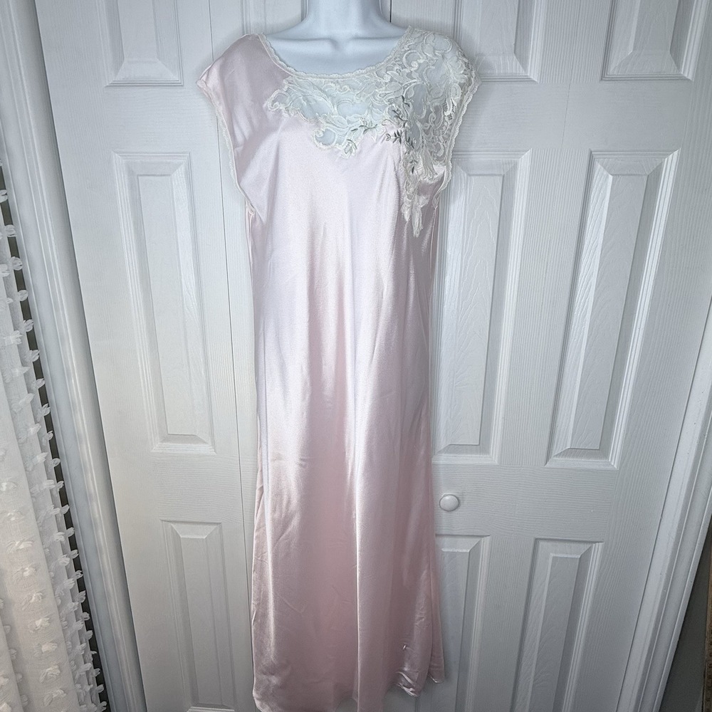 Vtg Eve Stillman Nightgown Small Pink Satin Lace Maxi‎ Gown Coquette Cottagecore